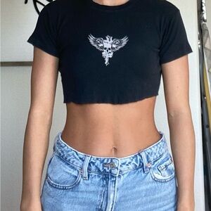 Brandy Melville Black Crop T-Shirt with Graphic Design